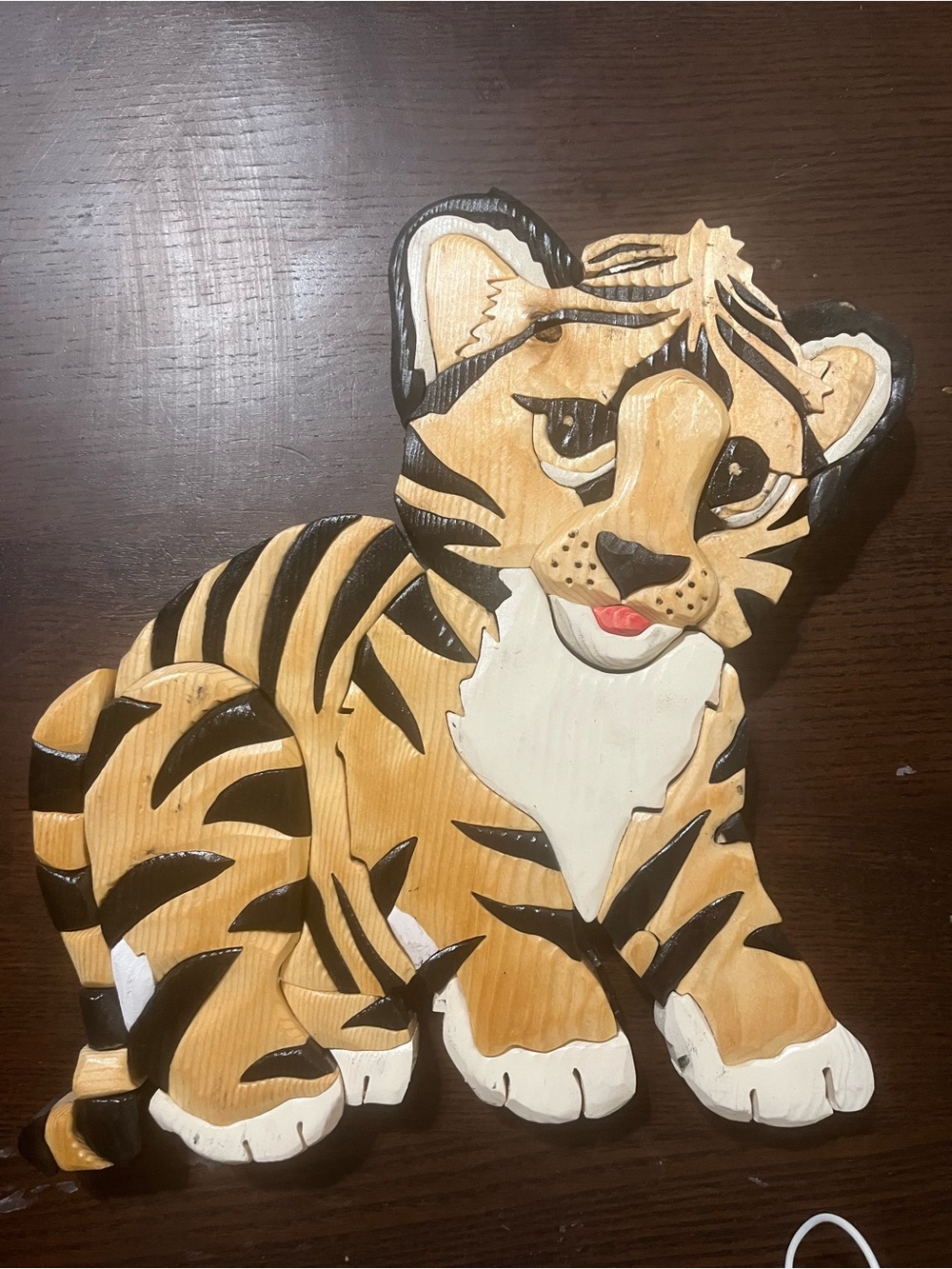 Handcrafted Wooden Tiger Wall Art - Tan, Black & White